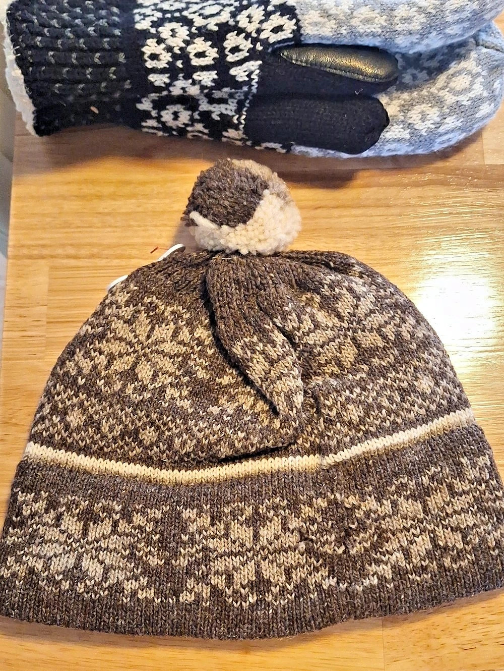 Benner Island Wool Fair Isle Knit Pom Hat in Brown & White